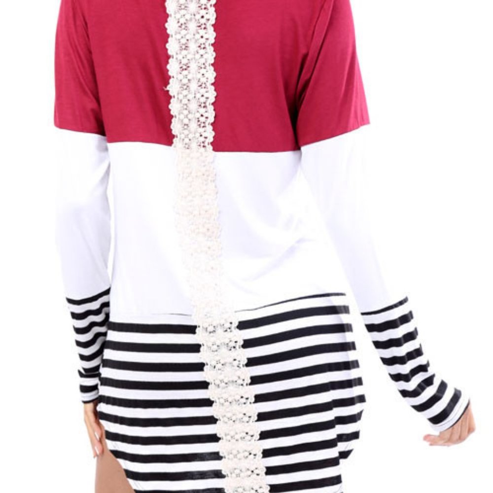 Cezanne Long Sleeve Burgandy/White combo lace-back Top